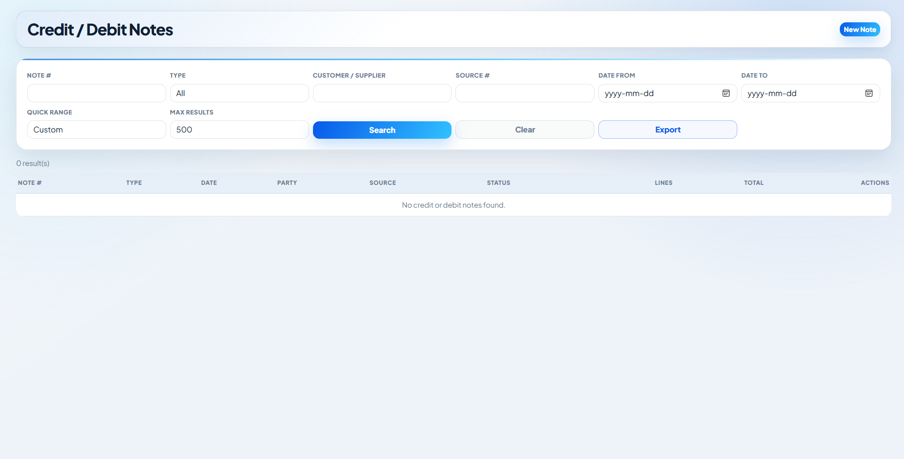 Actual PiERP credit and debit notes screenshot