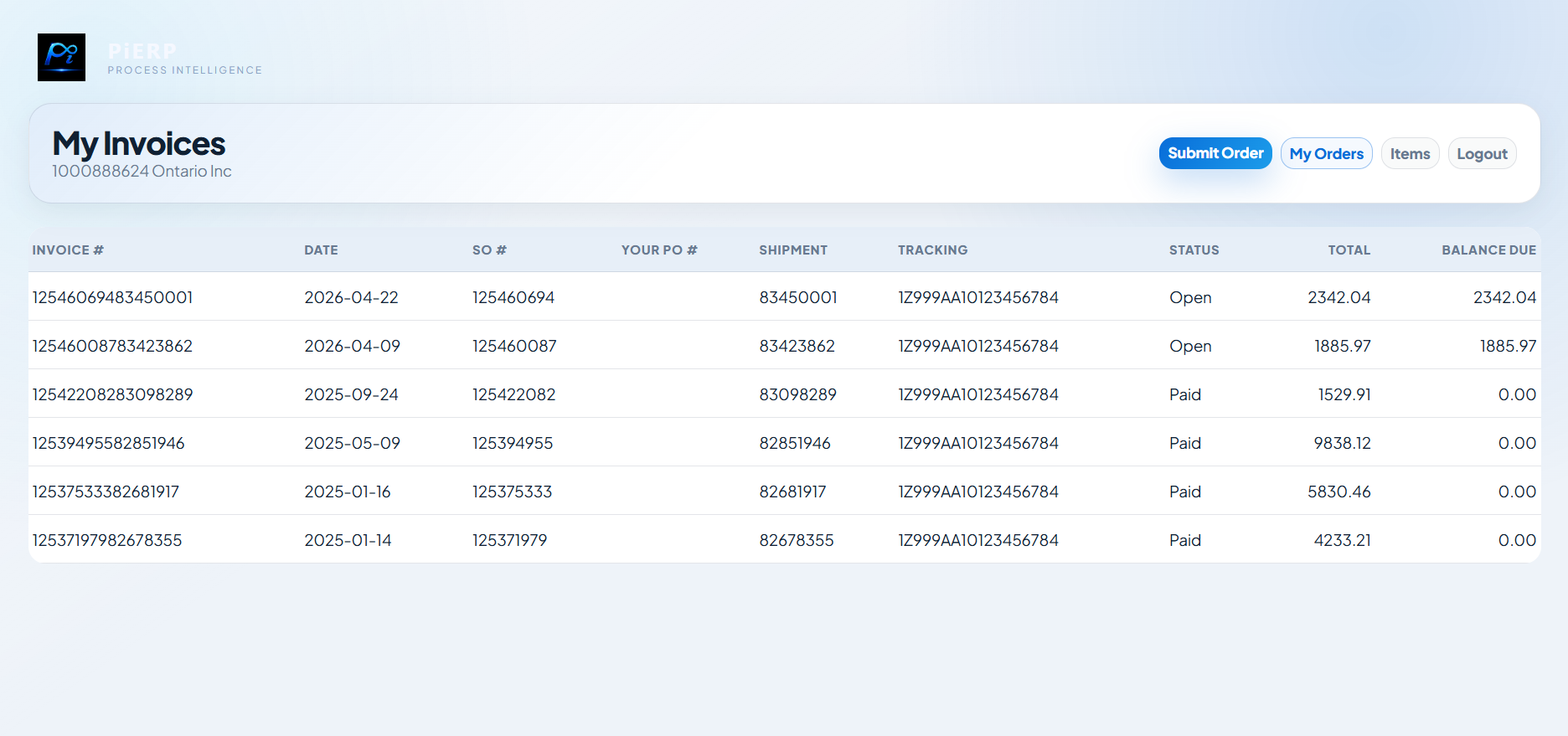 Customer portal invoice inquiry screen with invoice status, shipment tracking and balance due
