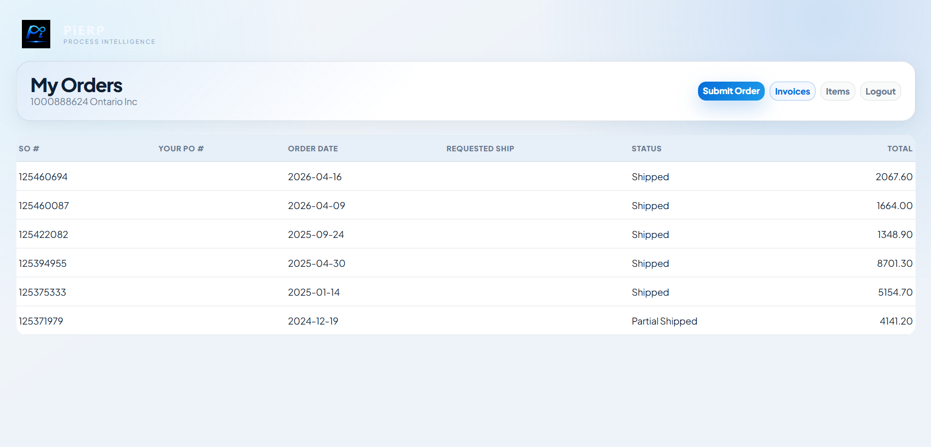 Customer portal order inquiry screen showing sales order status and totals