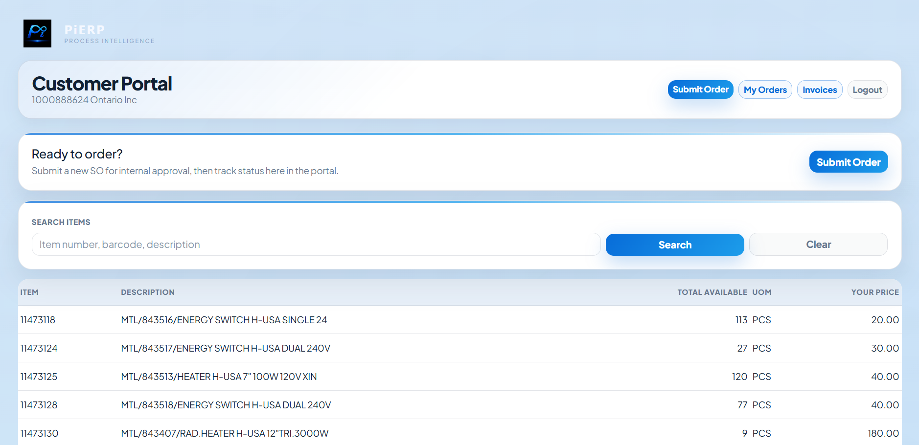 Customer portal order submission screen with item search, stock availability and customer pricing
