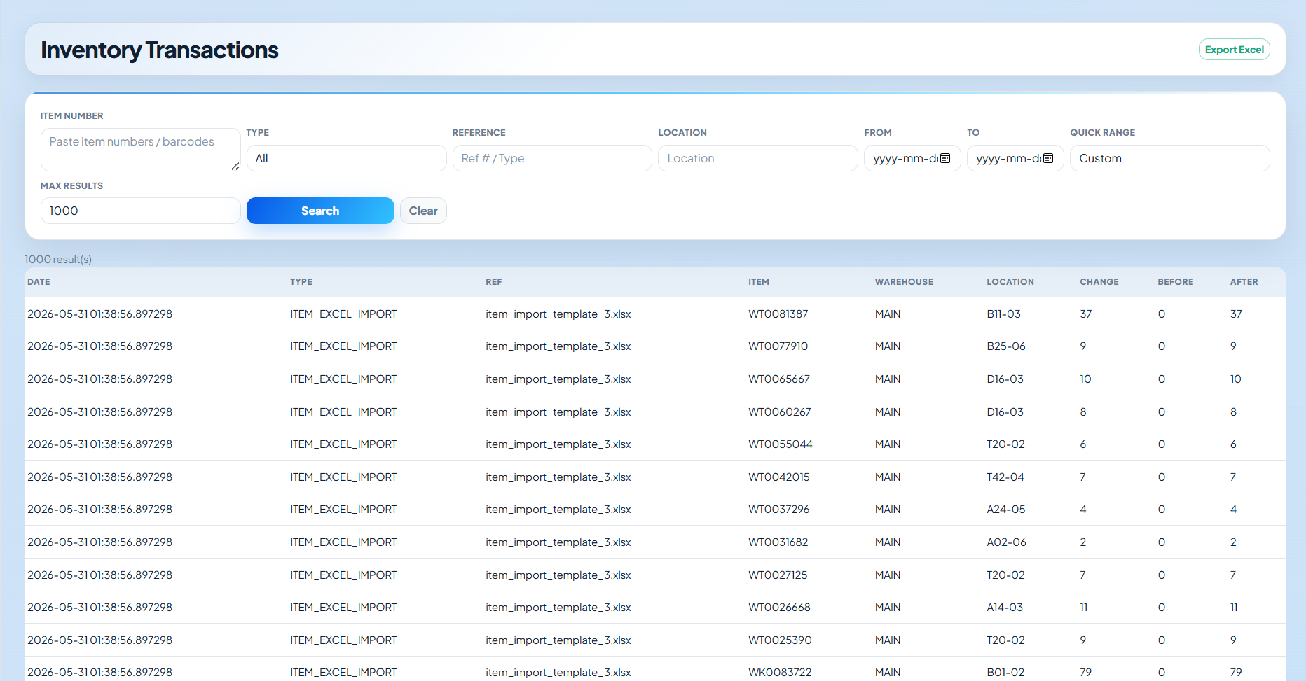 Actual PiERP inventory transactions screenshot